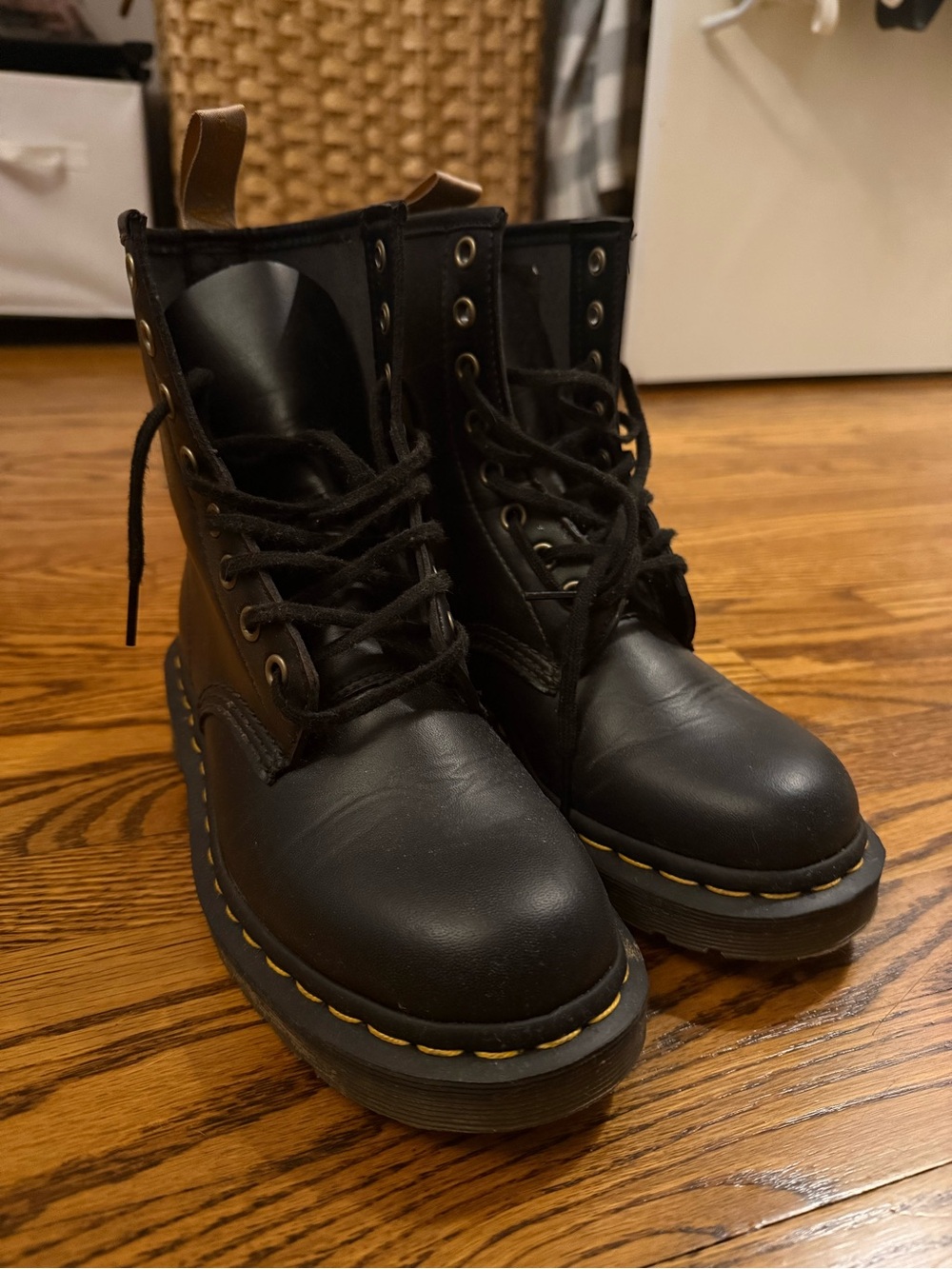 Dr. Martens Black Leather Lace-Up Combat Boots with Yellow Stitching